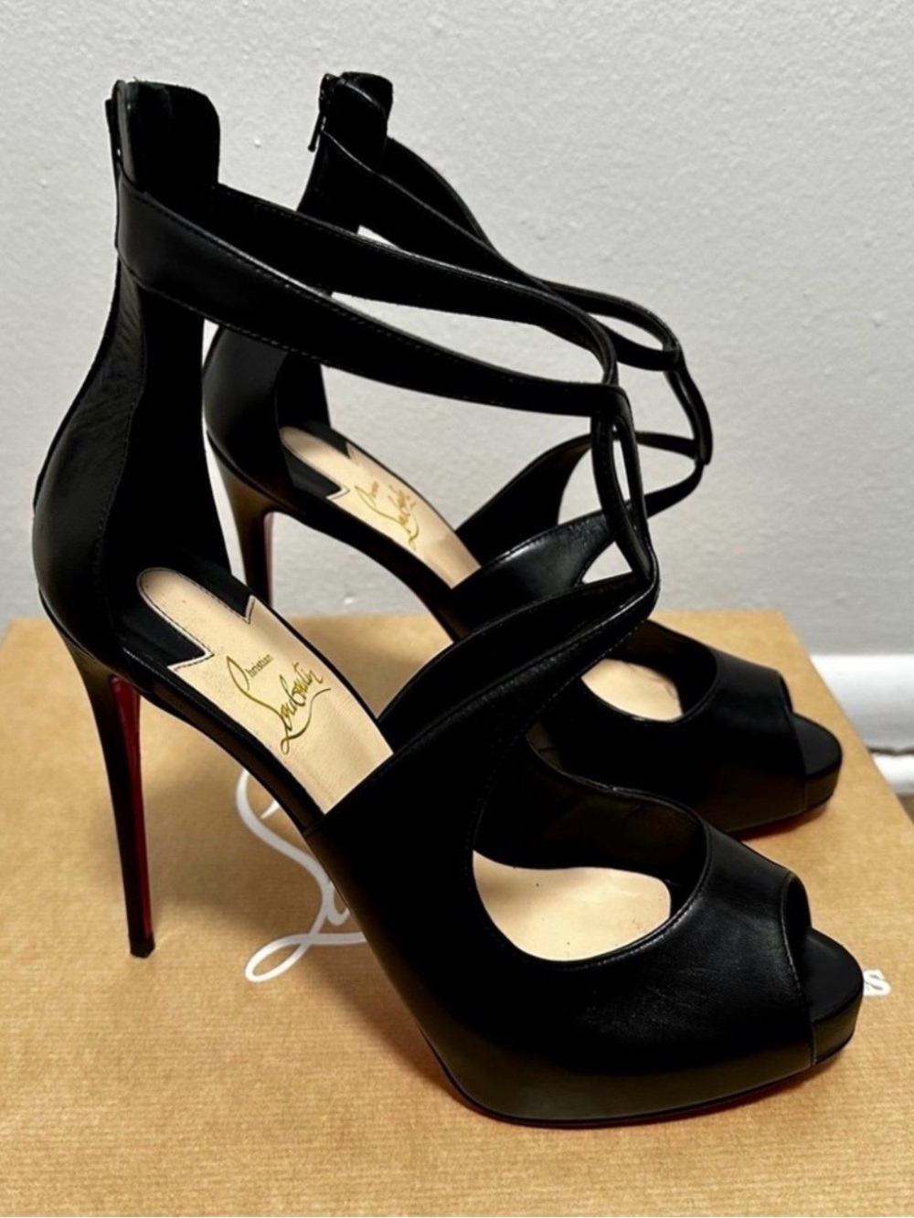 Christian Louboutin Black Strappy Platform Peep-Toe Stilettos